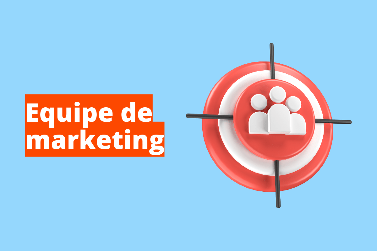 Montagem com fundo azul e frase Equipe de marketing em branco à esquerda com fundo laranja e símbolo web que representa o tema à direita