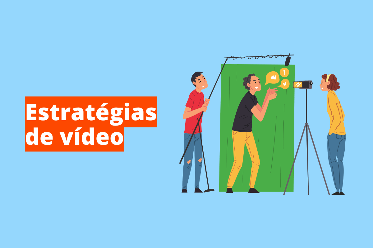 Montagem com fundo azul e frase Estratégias de vídeo em branco à esquerda com fundo laranja e símbolo web que representa o tema à direita