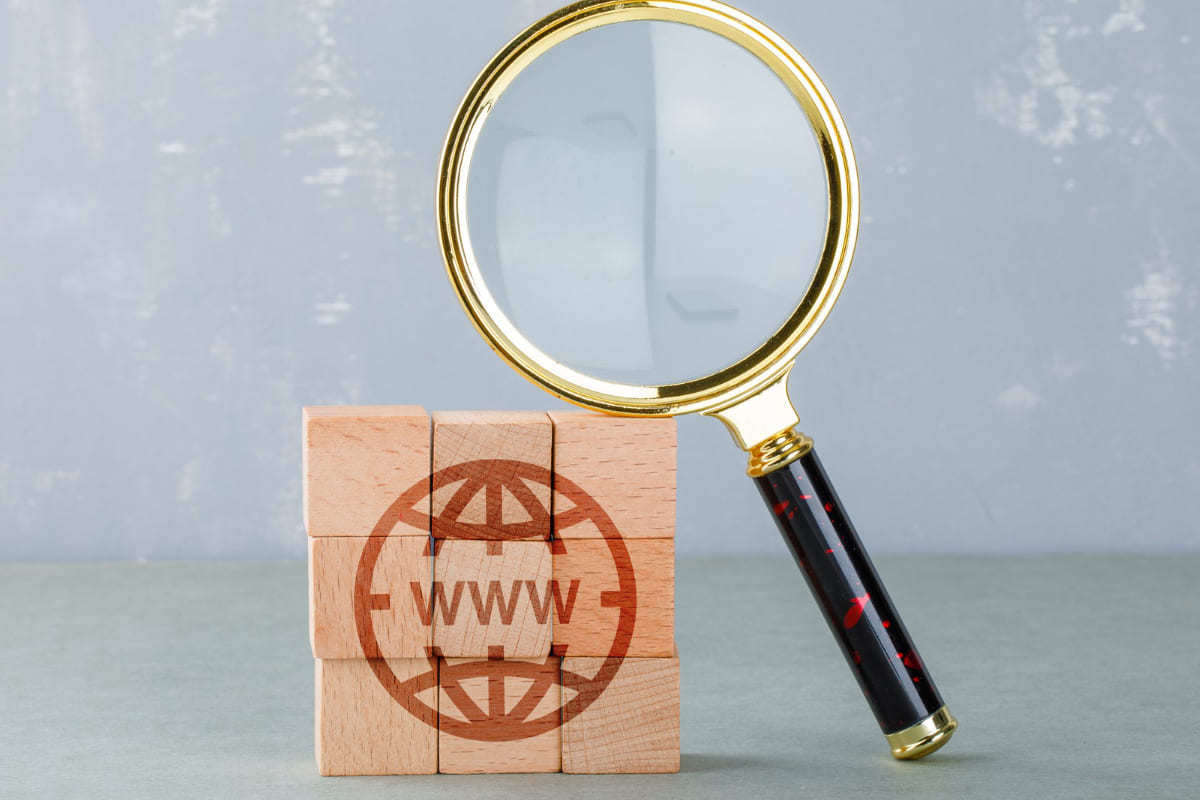 Lupa em pé apoiada sobre blocos de madeira que formam figura de internet com sigla WWW sobre superfície cinza