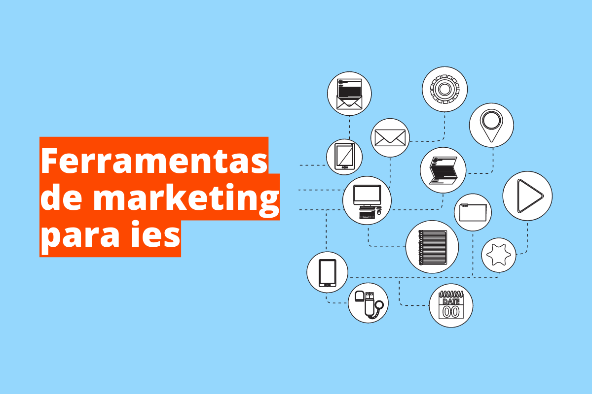 Montagem com fundo azul e frase Ferramentas de marketing para ies em branco à esquerda com fundo laranja e símbolo web que representa o tema à direita
