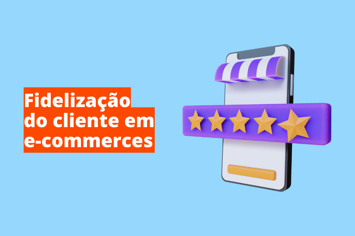 Montagem com fundo azul e frase Fidelização do cliente em e-commerces em branco à esquerda com fundo laranja e símbolo web que representa o tema à direita