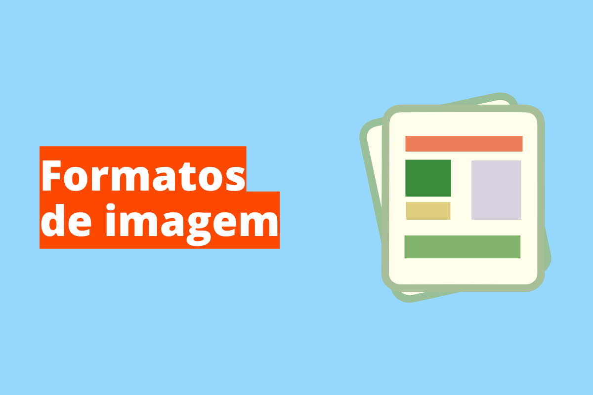 Montagem com fundo azul e frase Formatos de imagem em branco à esquerda com fundo laranja e símbolo web que representa o tema à direita