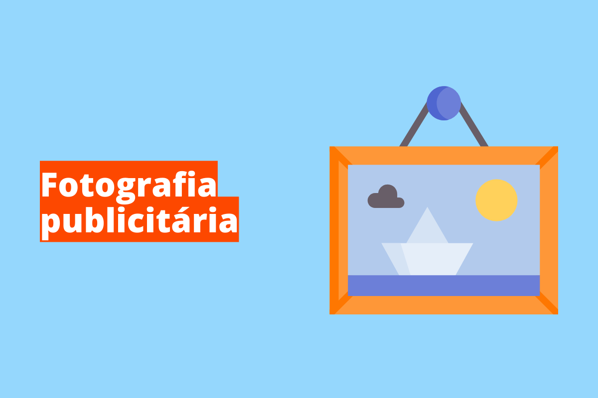 Fotografia publicitária: A imagem é um desenho e representa um quadro com uma paisagem desenhada. O fundo da imagem é azul claro e tem - se escrito Fotografia publicitária
