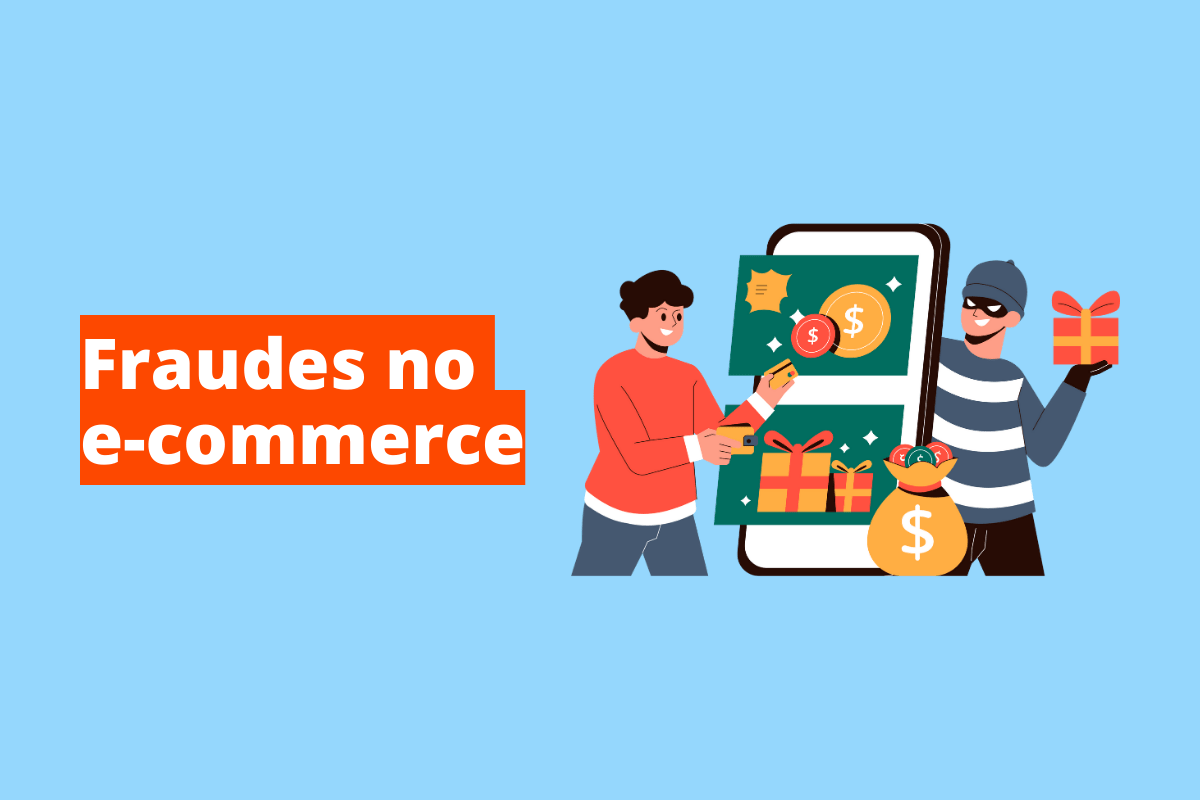 Montagem com fundo azul e frase Fraudes no e-commerce em branco à esquerda com fundo laranja e símbolo web que representa o tema à direita