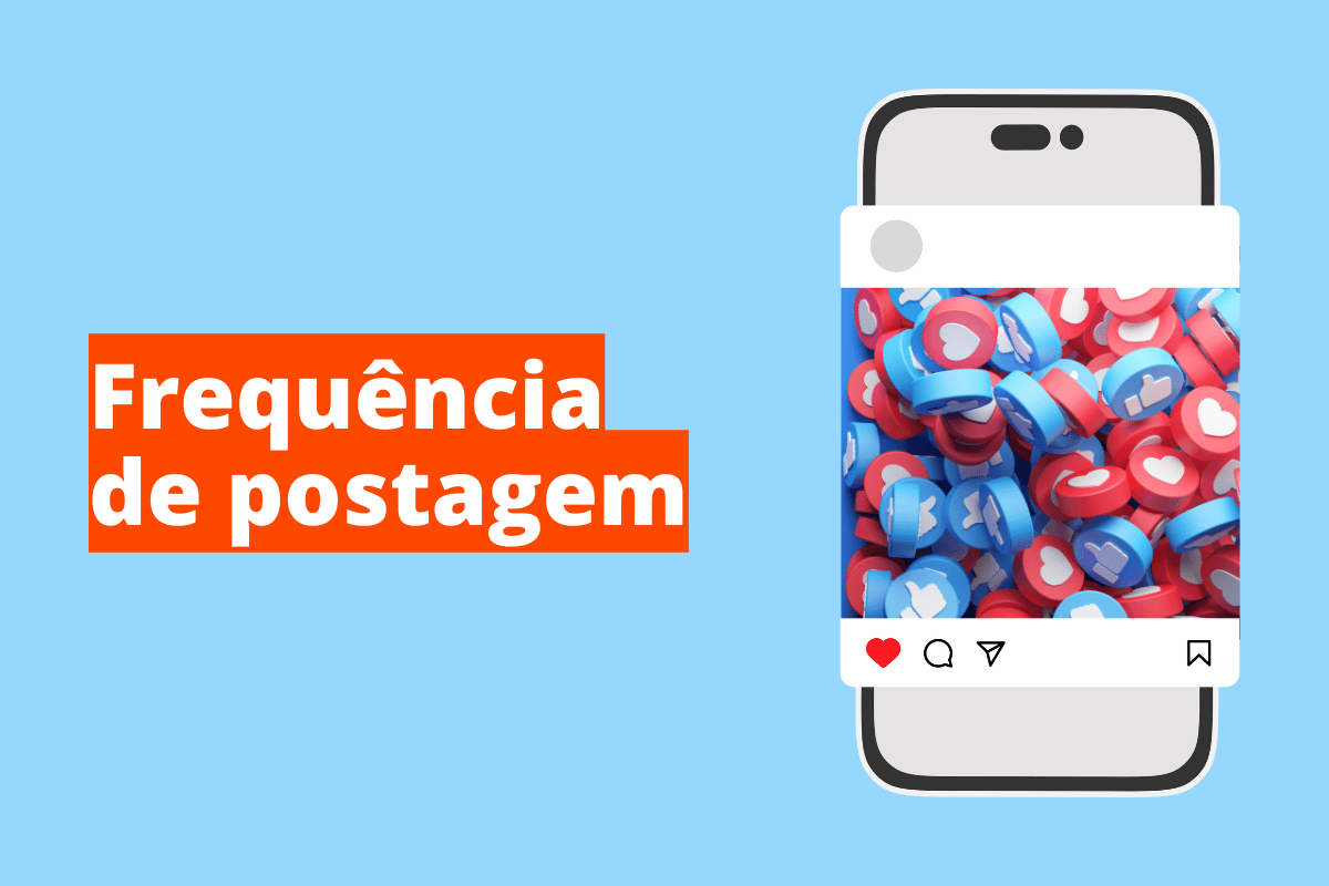Montagem com fundo azul e frase Frequência de postagem em branco à esquerda com fundo laranja e símbolo web que representa o tema à direita