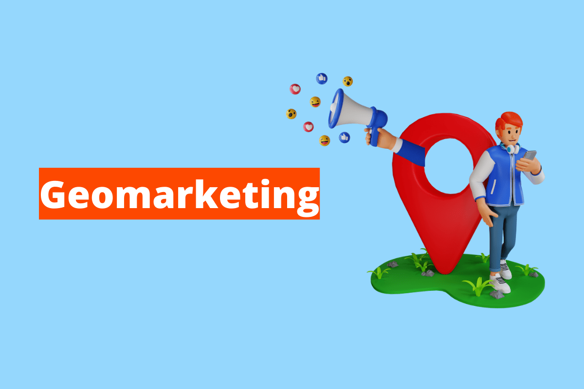 Montagem com fundo azul e nome Geomarketing em branco à esquerda e símbolo web que representa o tema à direita