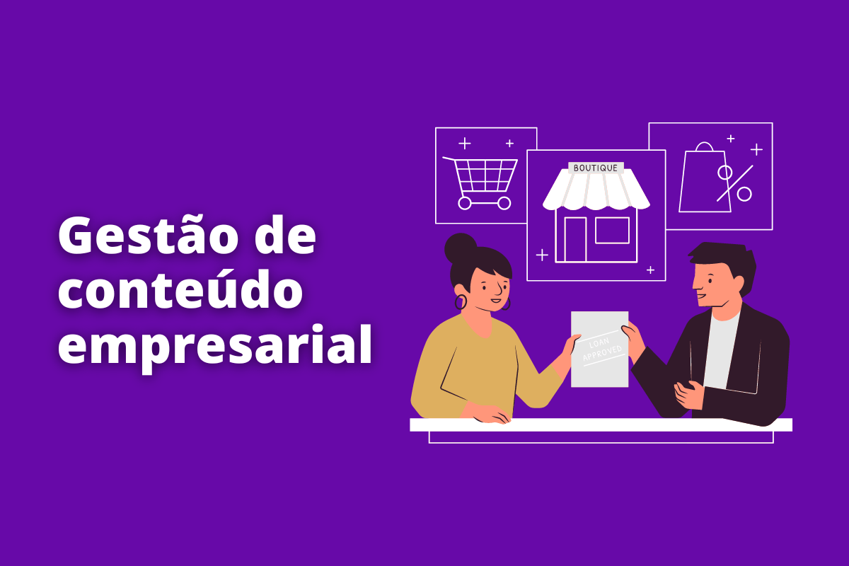 Montagem com fundo roxo e frase Gestão de conteúdo empresarial em branco à esquerda e símbolo web que representa o tema à direita
