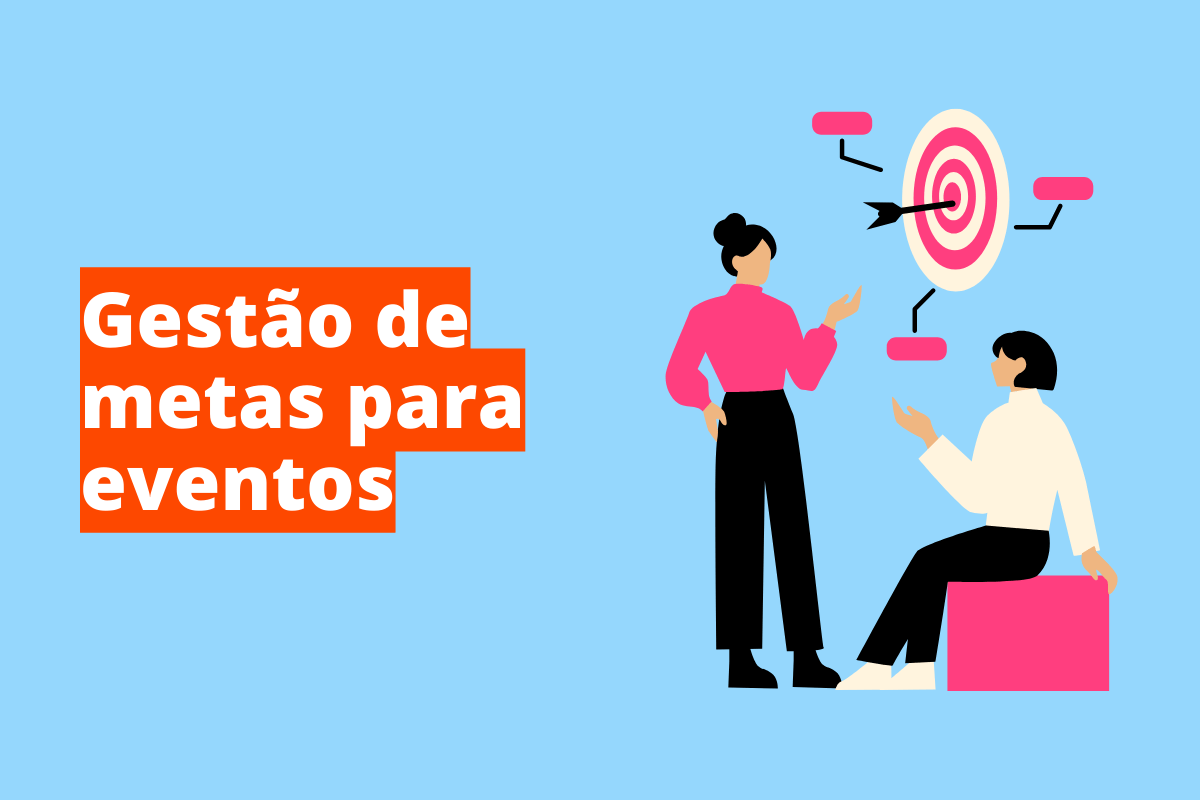 Montagem com fundo azul e frase Gestão de metas para eventos em branco à esquerda com fundo laranja e símbolo web que representa o tema à direita