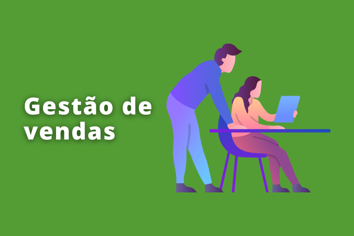 Gestão de vendas: A imagem é um desenho que representa uma pessoa sentada em frente a um computador e ao lado dela está outra pessoa.