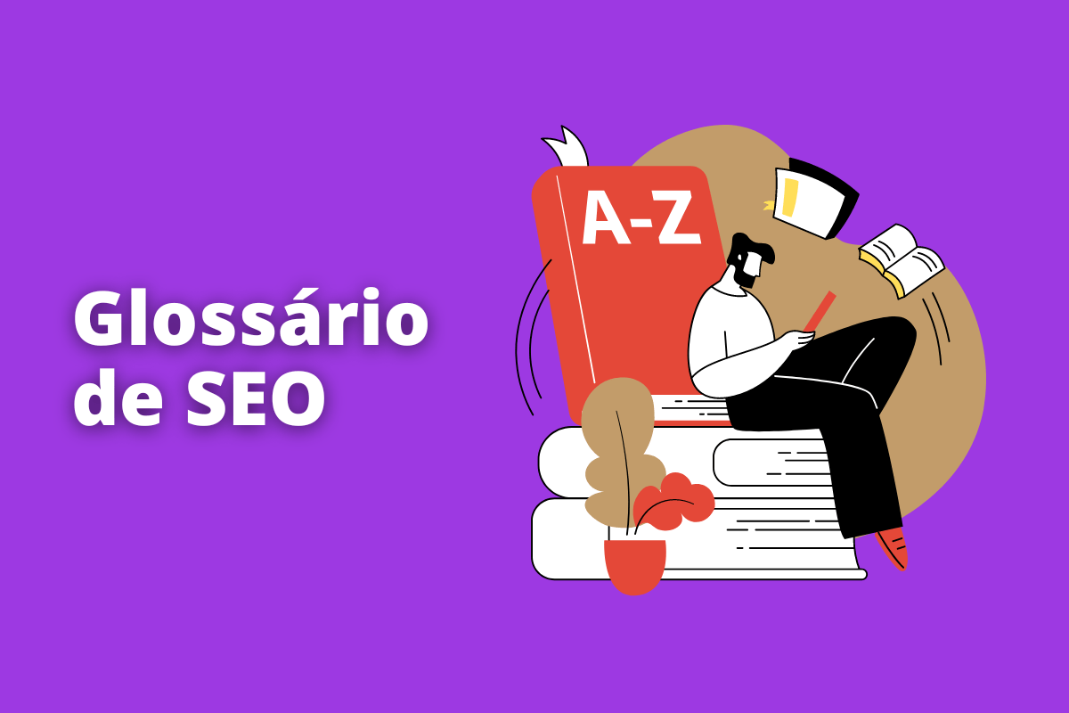 Montagem com fundo roxo e frase Glossário de SEO em branco à esquerda e símbolo web que representa o tema à direita