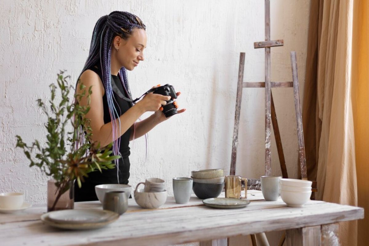 Estúdio: imagens de produto no e-commerce Bowls, canecas e outros itens de porcelana sobre mesa cinzenta de madeira com planta de interior ao lado das peças em local análogo à estúdio de criação com mulher segurando câmera fotográfica ao fundo