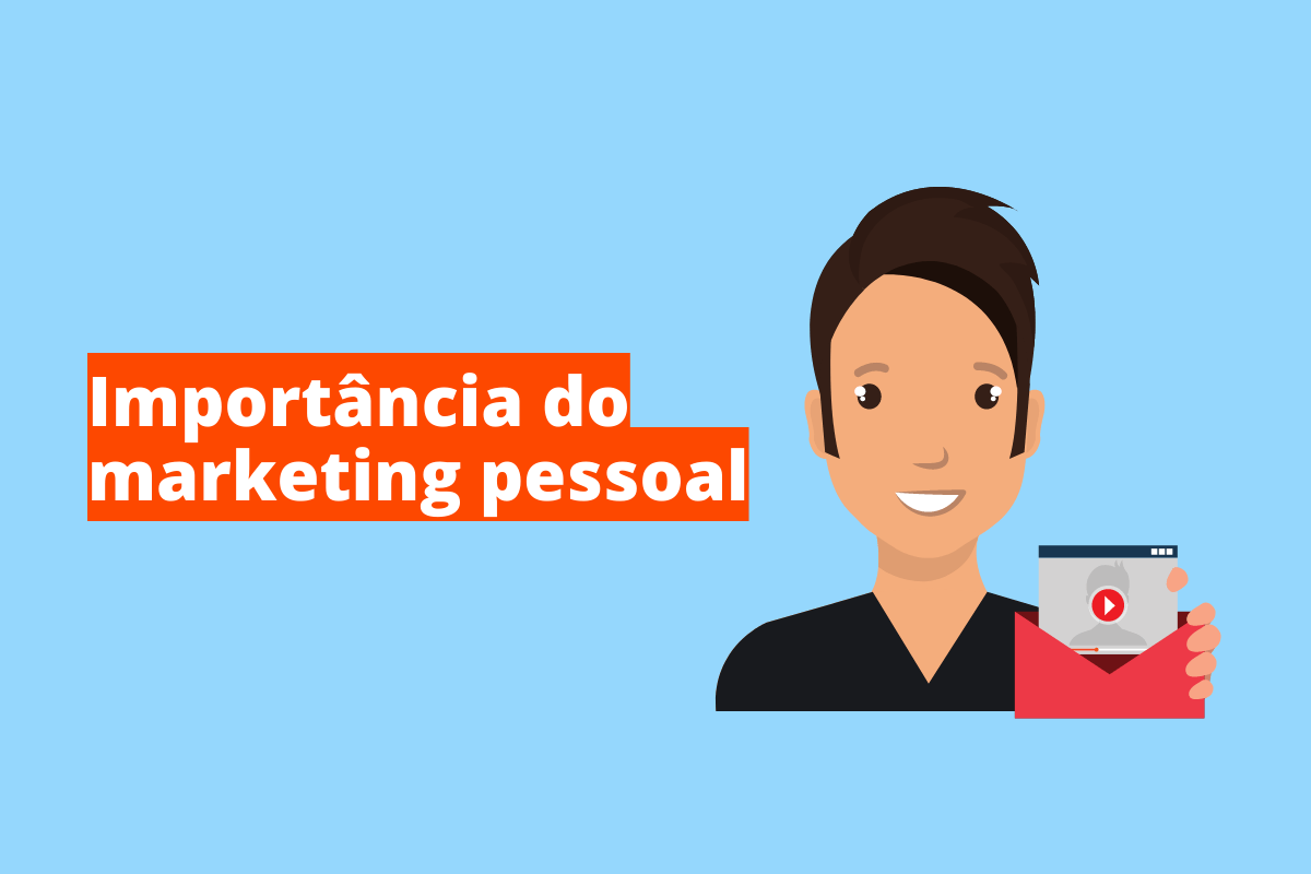 Montagem com fundo azul e frase Importância do marketing pessoal em branco à esquerda com fundo laranja e símbolo web que representa o tema à direita