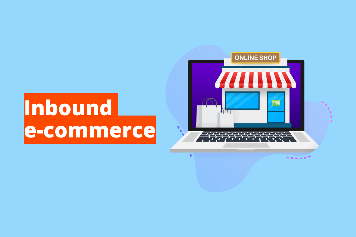 Montagem com fundo azul e frase Inbound e-commerce em branco à esquerda com fundo laranja e símbolo web que representa o tema à direita