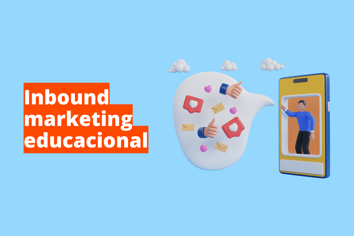 Montagem com fundo azul e frase Inbound marketing educacional em branco à esquerda com fundo laranja e símbolo web que representa o tema à direita