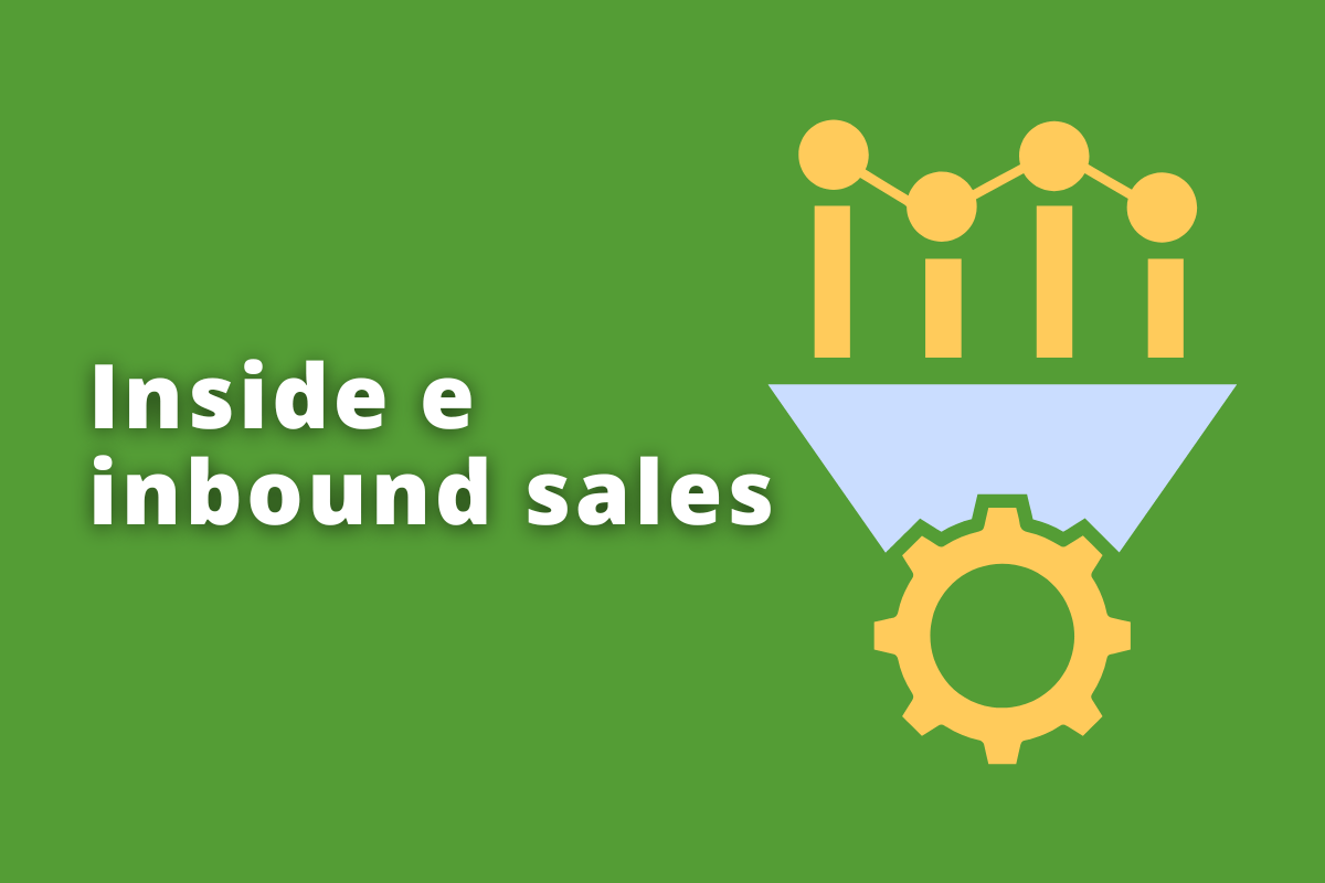 Montagem com fundo verde e frase Inside e inbound sales em branco à esquerda e símbolo web que representa o tema à direita