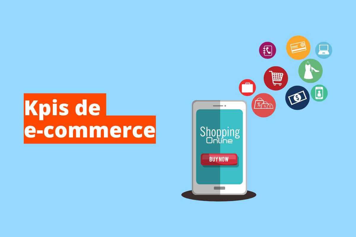 Montagem com fundo azul e frase KPIs de e-commerce em branco à esquerda com fundo laranja e símbolo web que representa o tema à direita