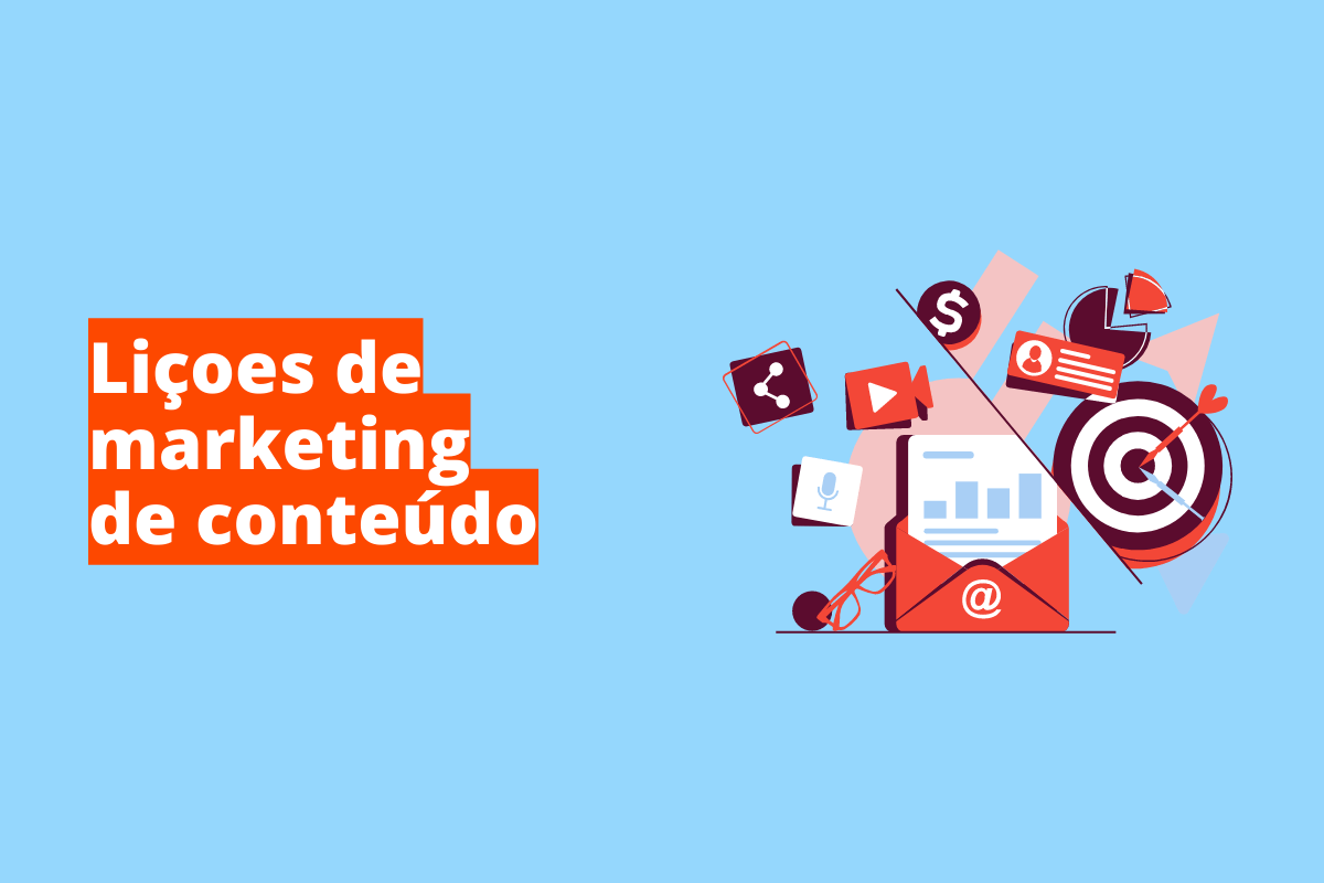 Montagem com fundo azul e frase Lições de marketing de conteúdo em branco à esquerda com fundo laranja e símbolo web que representa o tema à direita