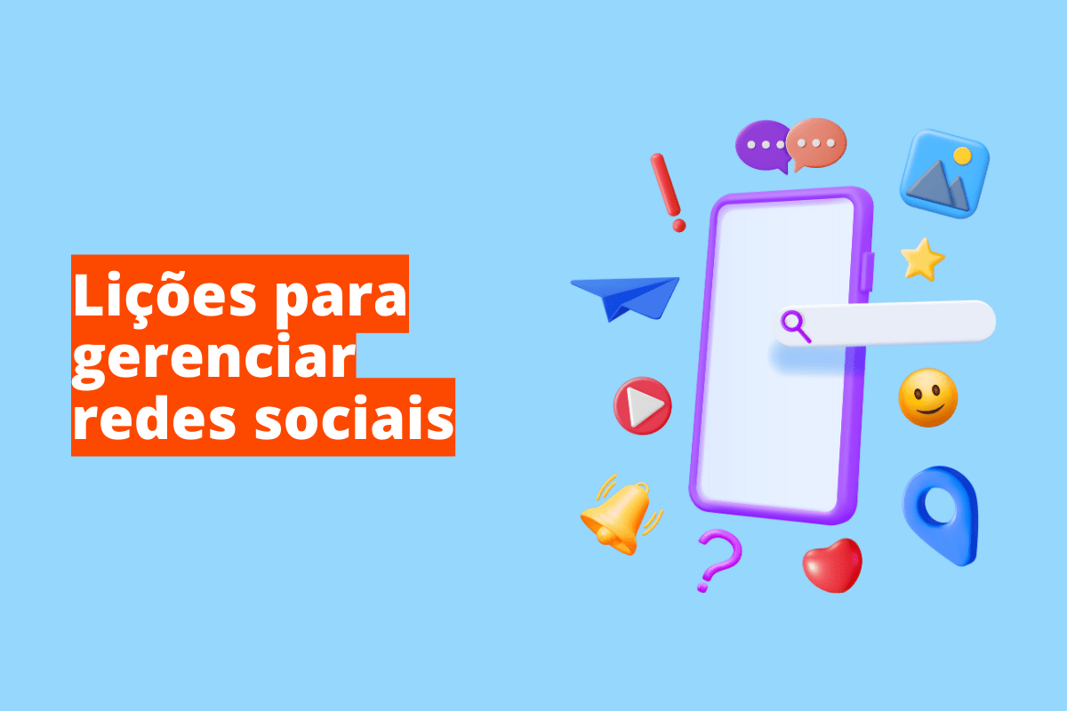 Montagem com fundo azul e frase Lições para gerenciar redes sociais em branco à esquerda com fundo laranja e símbolo web que representa o tema à direita