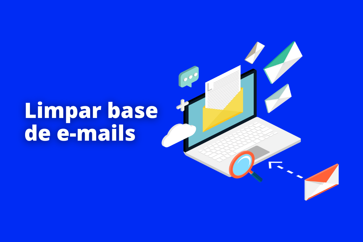 Montagem com fundo azul e frase Limpar base de e-mails em branco com símbolo web à direita que representa o tema