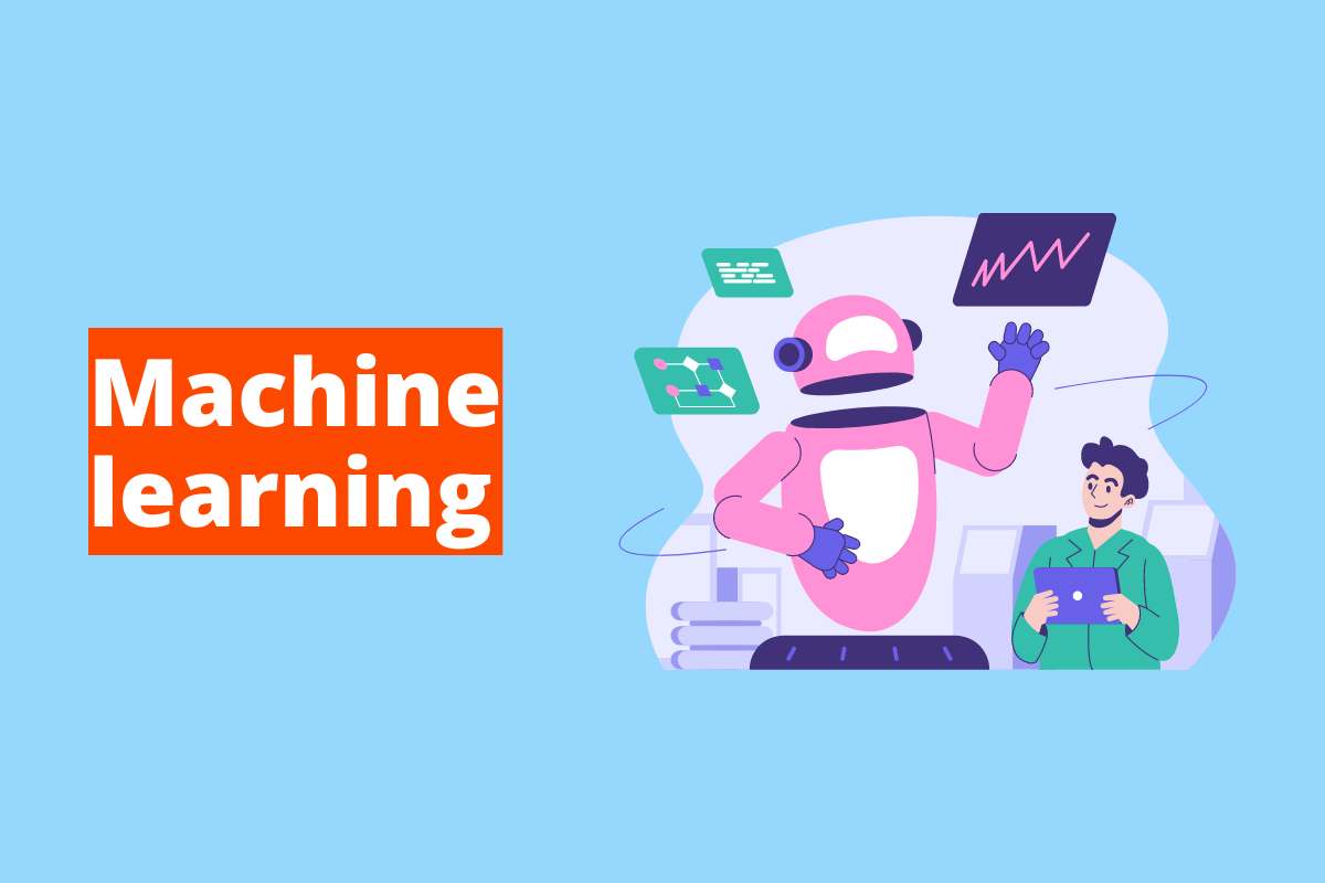 Montagem com fundo azul e frase Machine learning em branco à esquerda com fundo laranja e símbolo web que representa o tema à direita