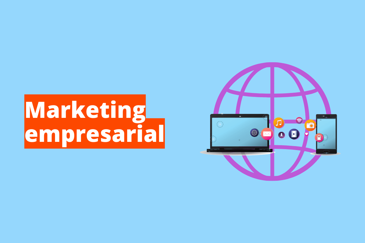 Montagem com fundo azul e frase Marketing Empresarial em branco à esquerda com fundo laranja e símbolo web que representa o tema à direita