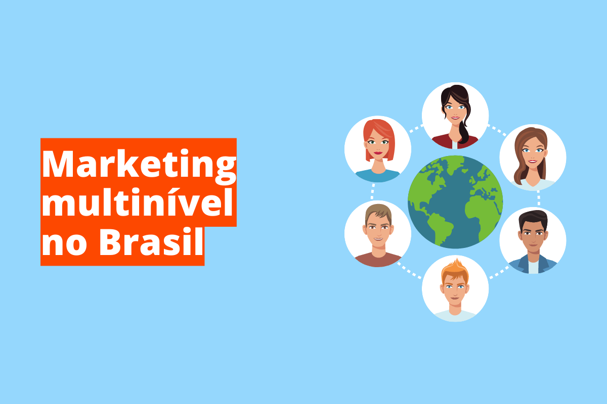 Marketing multinível no Brasil: A imagem mostra desenhos como a Terra e pessoas ao redor. O fundo é azul claro e tem - se escrito Marketing multinível no Brasil