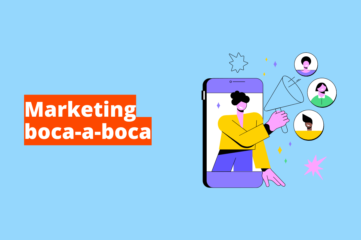 Montagem com fundo azul e frase Marketing boca-a-boca em branco à esquerda com fundo laranja e símbolo web que representa o tema à direita