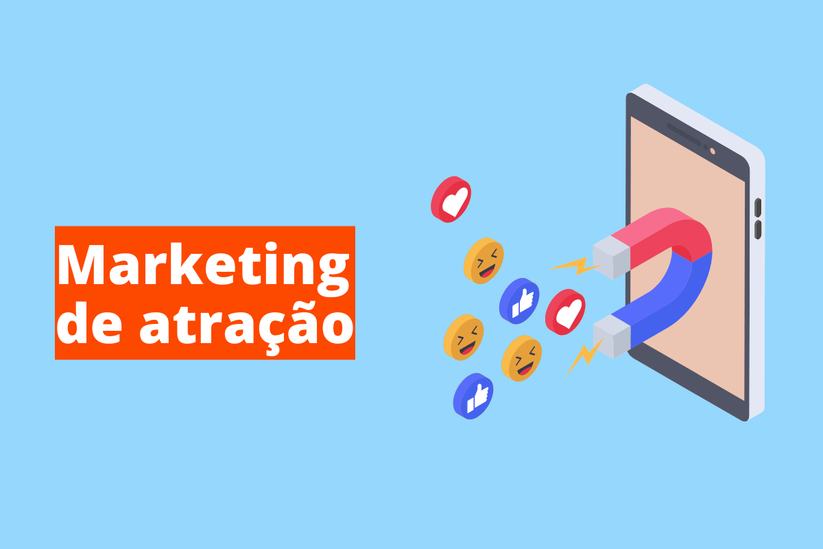 Montagem com fundo azul e frase Marketing de atração em branco à esquerda com fundo laranja e símbolo web que representa o tema à direita