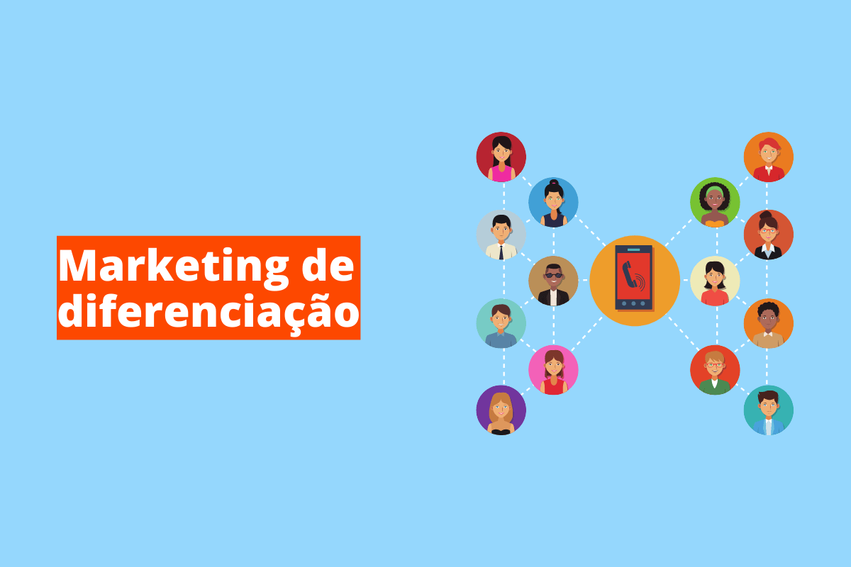 Montagem com fundo azul e frase Dicionário marketing de conteúdo em branco à esquerda com fundo laranja e símbolo web que representa o tema à direita