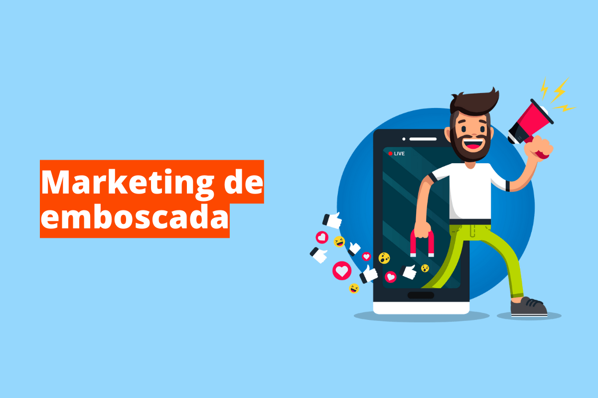 Montagem com fundo azul e frase Marketing de emboscada em branco à esquerda com fundo laranja e símbolo web que representa o tema à direita