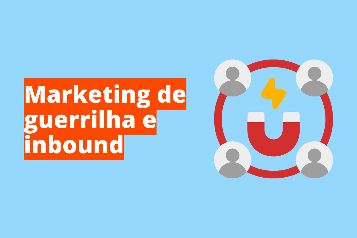Montagem com fundo azul e frase Marketing de guerrilha e inbound em branco à esquerda com fundo laranja e símbolo web que representa o tema à direita