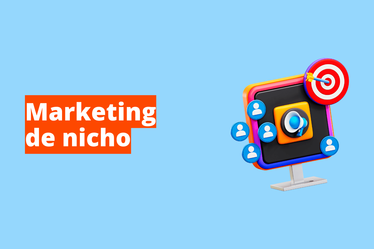 Montagem com fundo azul e frase Processos de marketing em branco à esquerda com fundo laranja e símbolo web que representa o tema à direita