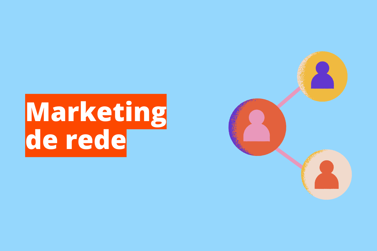 Montagem com fundo azul e frase Marketing de rede em branco à esquerda com fundo laranja e símbolo web que representa o tema à direita