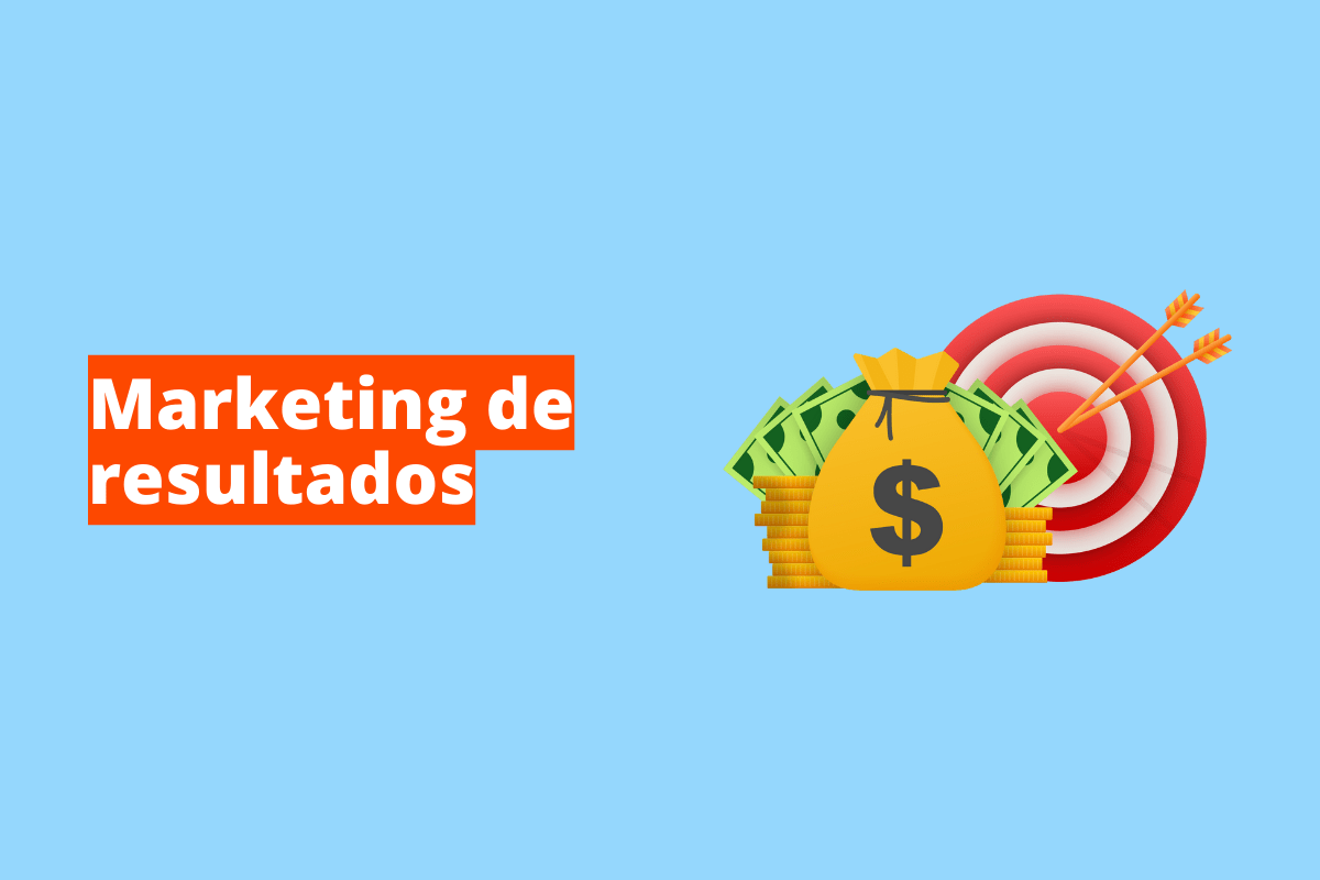 Montagem com fundo azul e frase Marketing de resultados em branco à esquerda com fundo laranja e símbolo web que representa o tema à direita