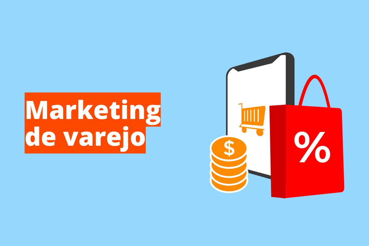 Montagem com fundo azul e frase Marketing de varejo em branco à esquerda com fundo laranja e símbolo web que representa o tema à direita