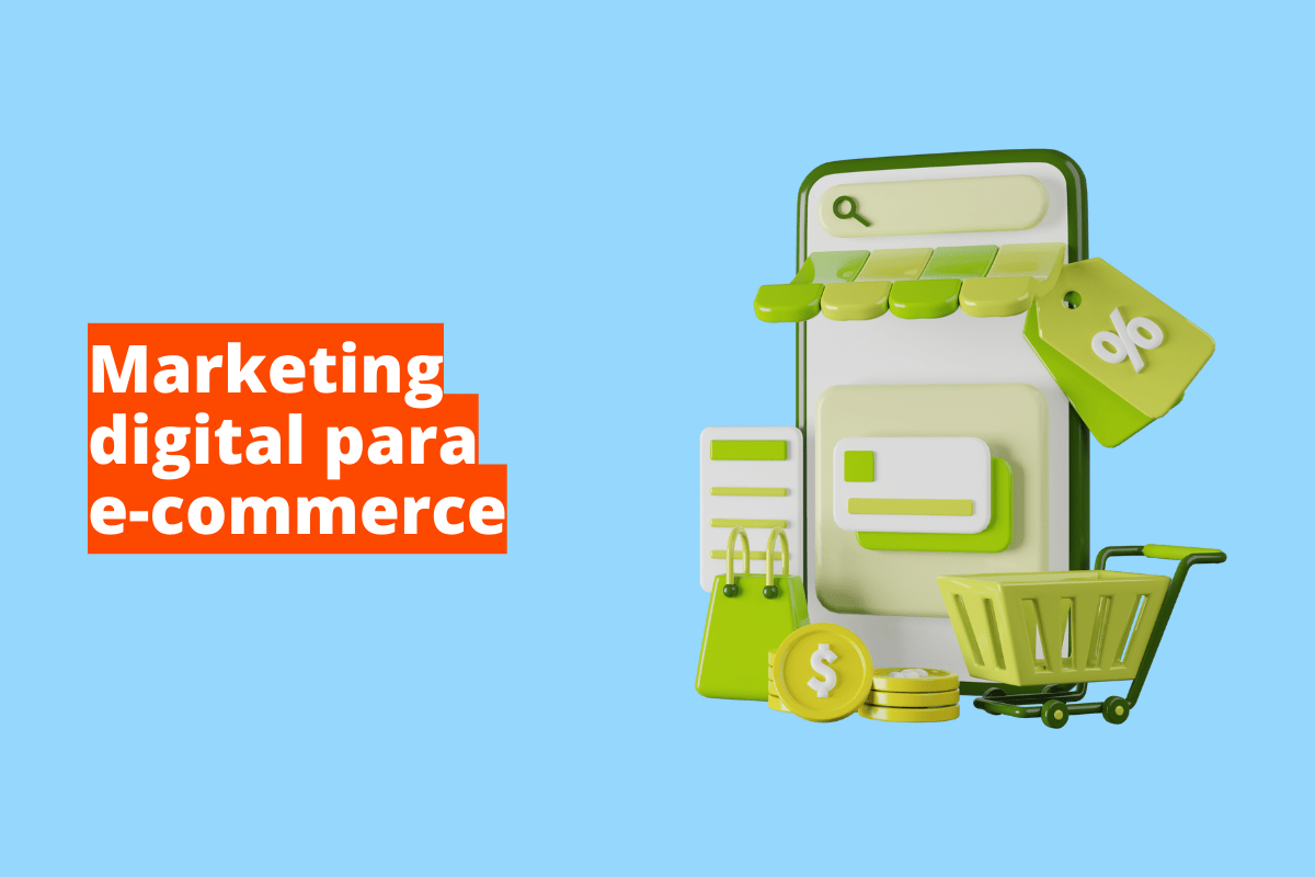 Montagem com fundo azul e frase Marketing digital para e-commerce em branco à esquerda com fundo laranja e símbolo web que representa o tema à direita