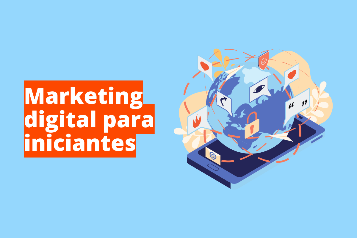 Montagem com fundo azul e frase Marketing digital para iniciantes em branco à esquerda com fundo laranja e símbolo web que representa o tema à direita