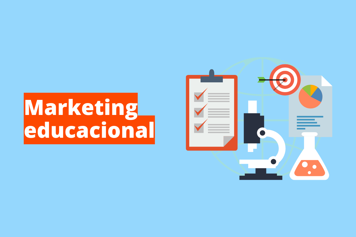 Montagem com fundo azul e frase Marketing educacional em branco à esquerda com fundo laranja e símbolo web que representa o tema à direita