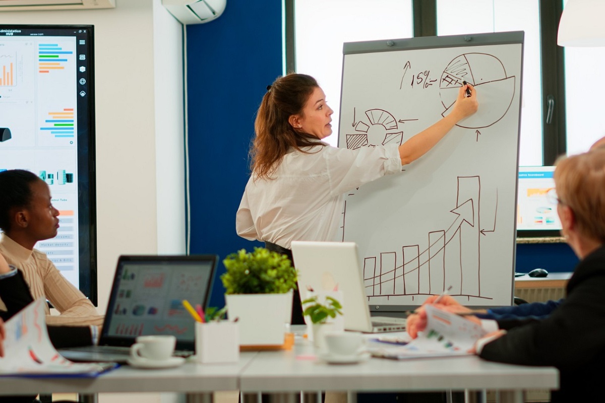 Pessoas reunidas em local de trabalho com algumas sentadas diante de mesa branca e mulher de pé desenhando e explicando gráficos em quadro branco