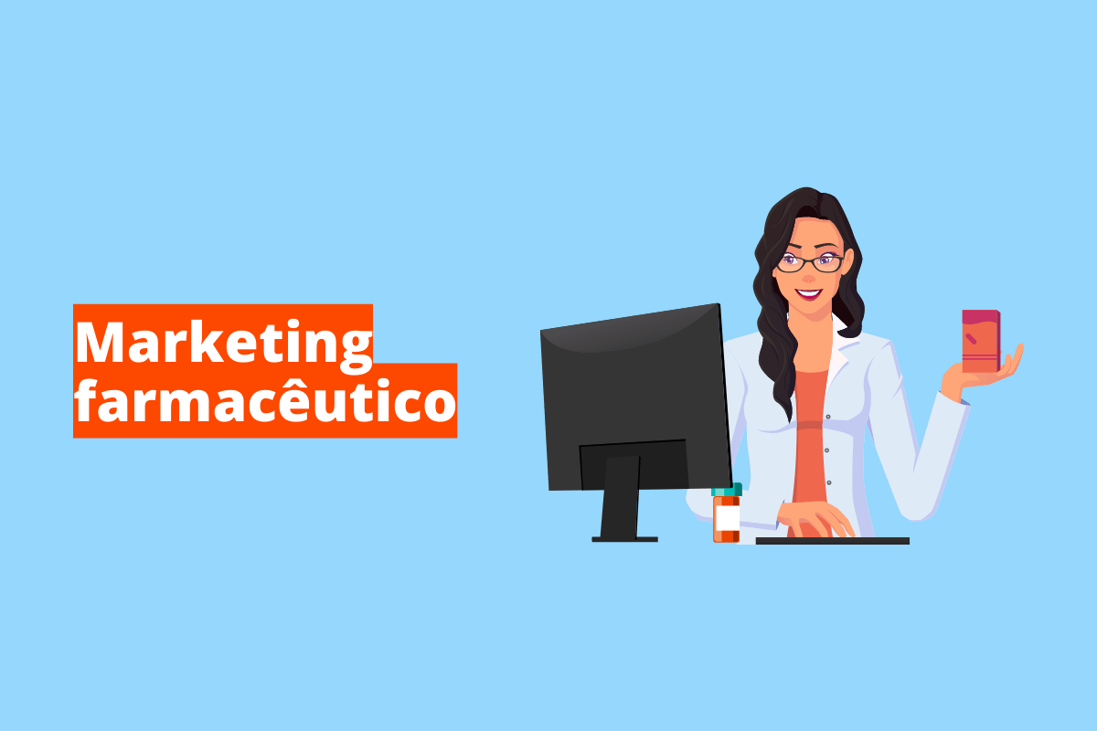 Montagem com fundo azul e frase Marketing farmacêutico em branco à esquerda com fundo laranja e símbolo web que representa o tema à direita