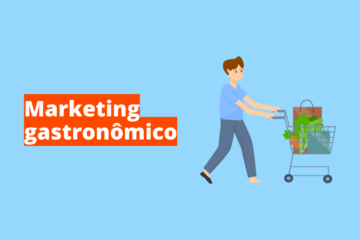 Montagem com fundo azul e frase Marketing gastronômico em branco à esquerda com fundo laranja e símbolo web que representa o tema à direita