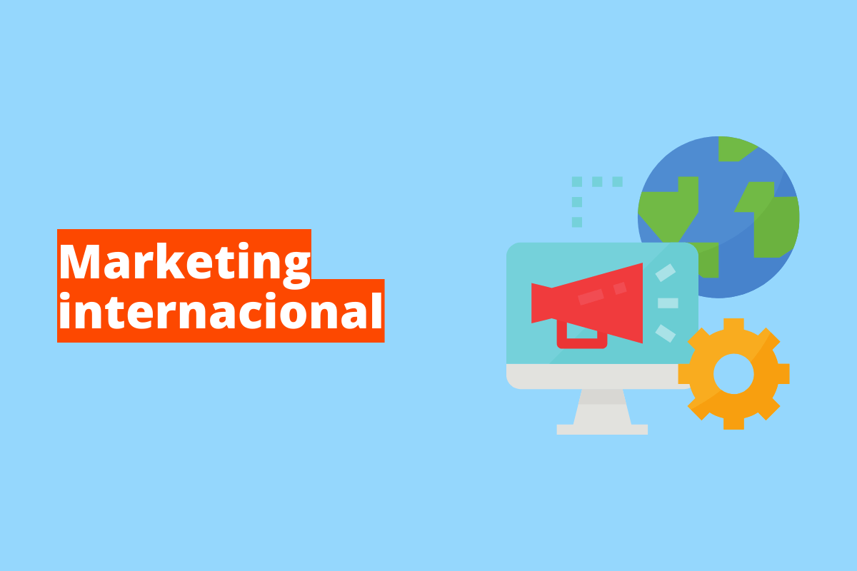 Montagem com fundo azul e frase Marketing internacional em branco à esquerda com fundo laranja e símbolo web que representa o tema à direita