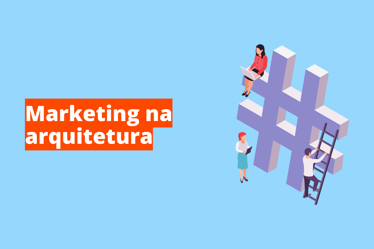 Montagem com fundo azul e frase Marketing na Arquitetura em branco à esquerda com fundo laranja e símbolo web que representa o tema à direita