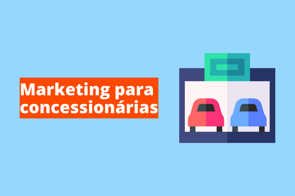 Marketing para concessionárias: A imagem é um desenho e representa uma concessionária de carros. O fundo da imagem é azul claro e tem - se escrito Marketing para concessionárias.