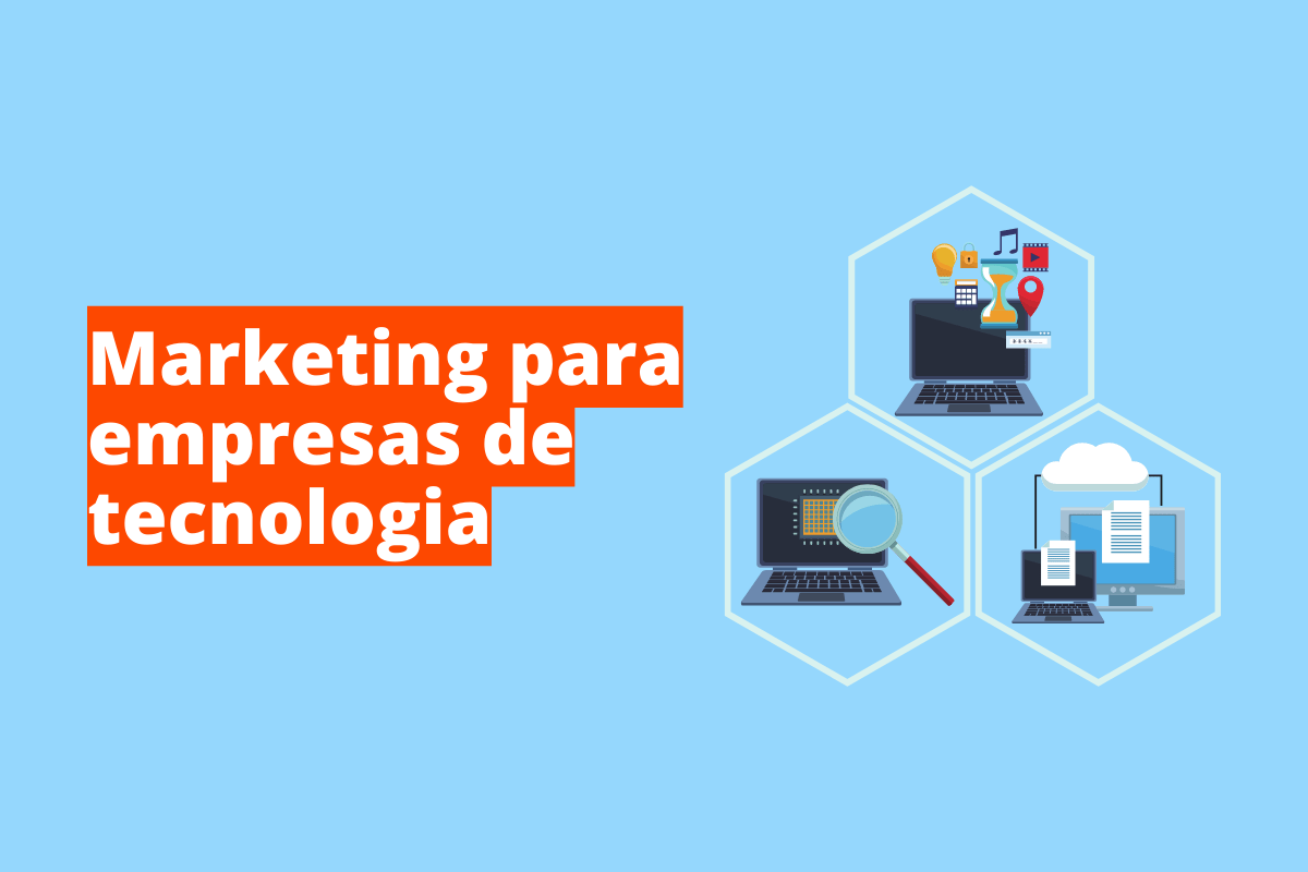 Montagem com fundo azul e frase Marketing para empresas de tecnologia em branco à esquerda com fundo laranja e símbolo web que representa o tema à direita