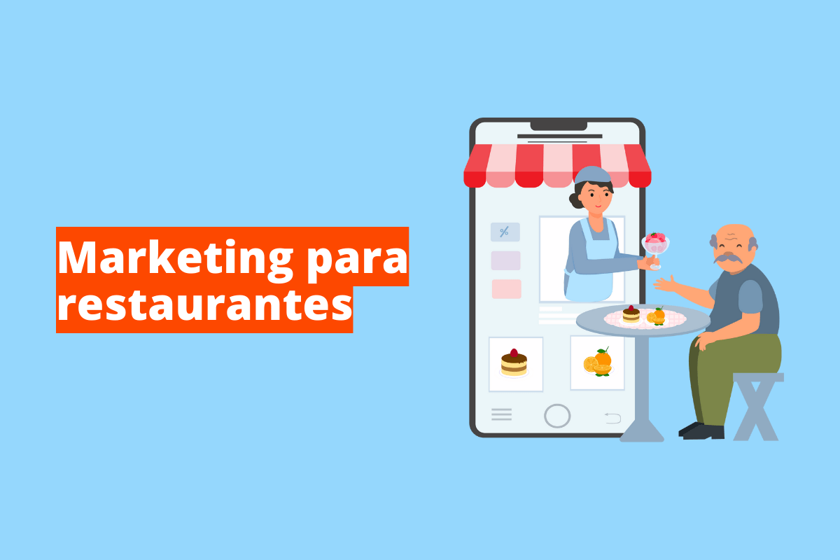 Montagem com fundo azul e frase Marketing para restaurantes em branco à esquerda com fundo laranja e símbolo web que representa o tema à direita