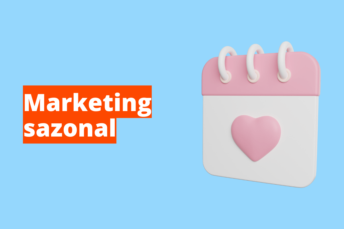 Montagem com fundo azul e frase Marketing sazonal em branco à esquerda com fundo laranja e símbolo web que representa o tema à direita