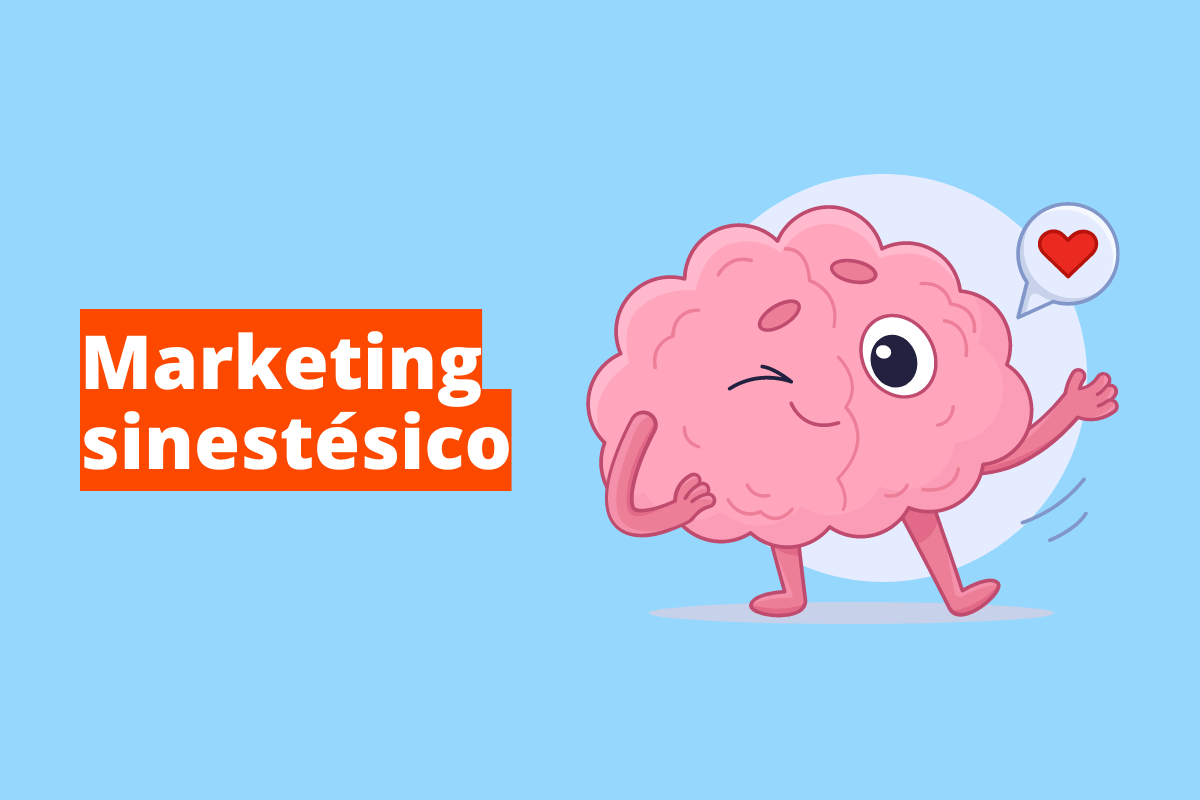 Montagem com fundo azul e frase Marketing para crianças em branco à esquerda com fundo laranja e símbolo web que representa o tema à direita