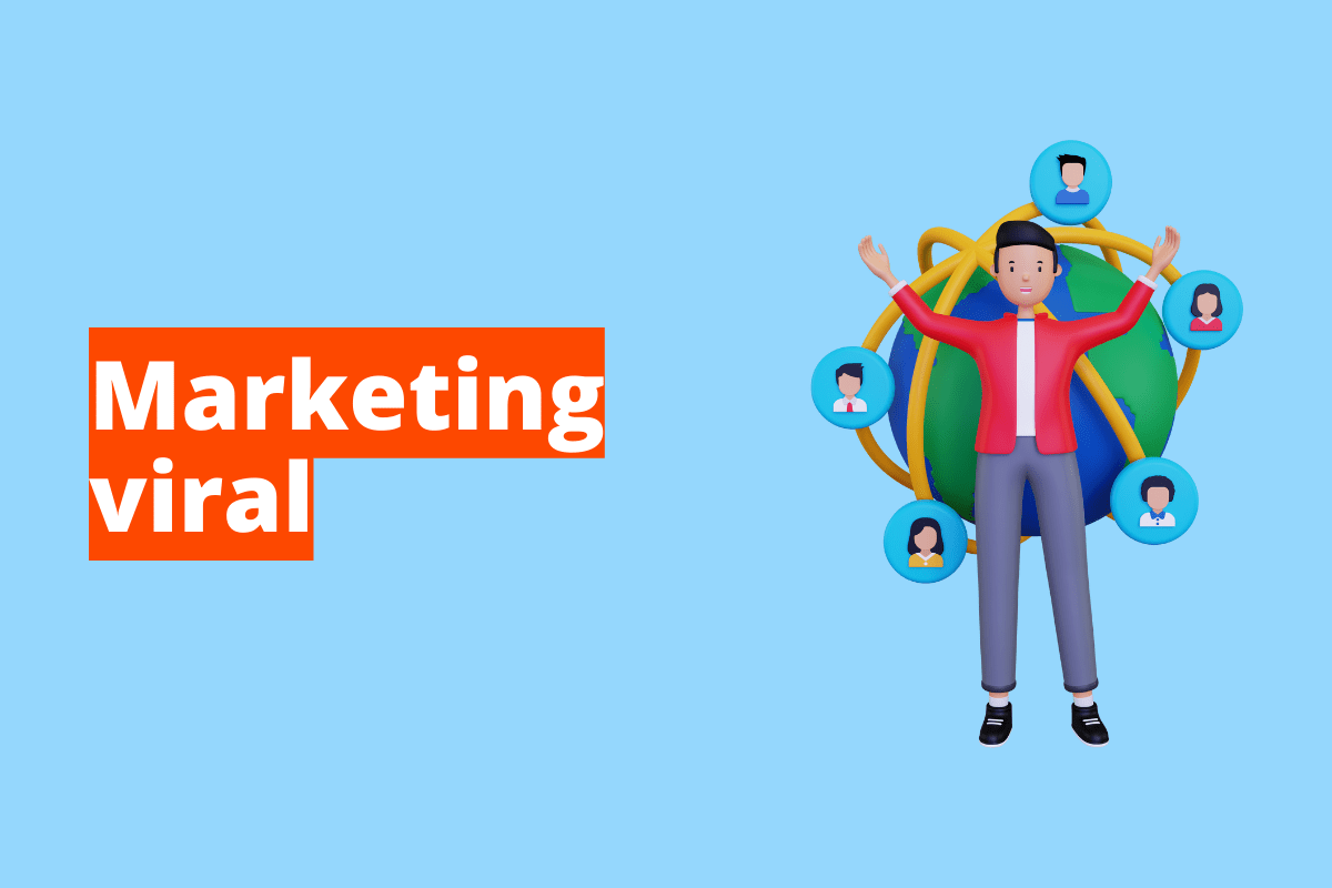 Montagem com fundo azul e frase Marketing viral em branco à esquerda com fundo laranja e símbolo web que representa o tema à direita