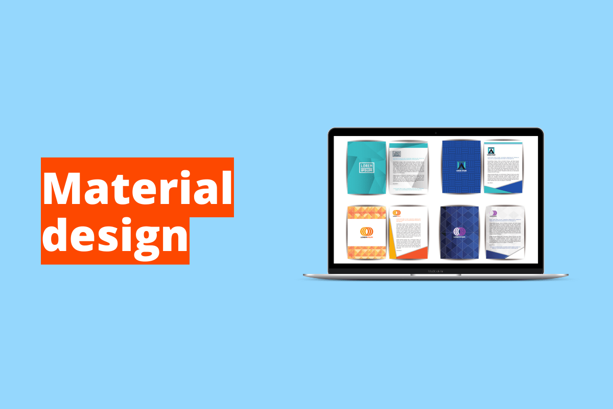 Montagem com fundo azul e frase Material design em branco à esquerda com fundo laranja e símbolo web que representa o tema à direita